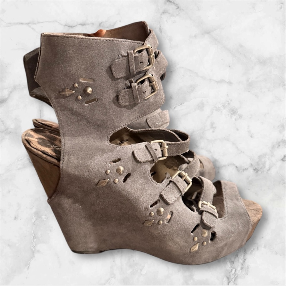 Sam Edelman Gray Studded Suede Buckle Kinley Wedge Platform Sandal Size 10 New